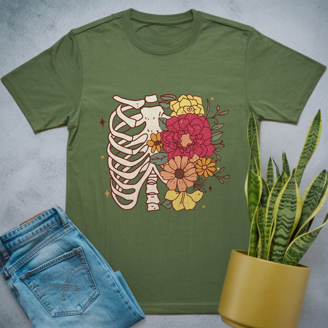 Floral Ribcage Skeleton Shirt Military Green / S