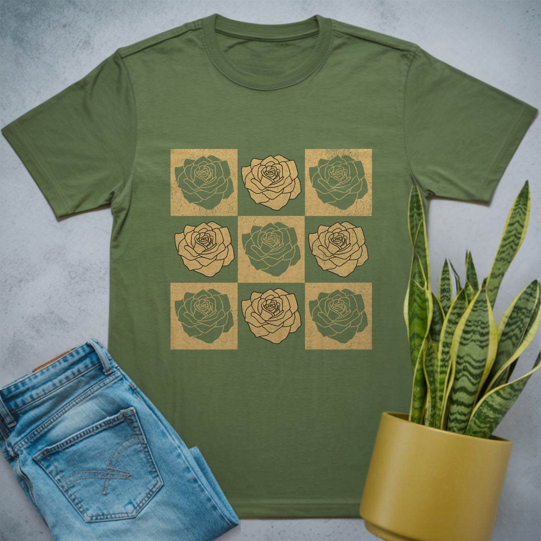 Grid of Roses Shirt Military Green / S