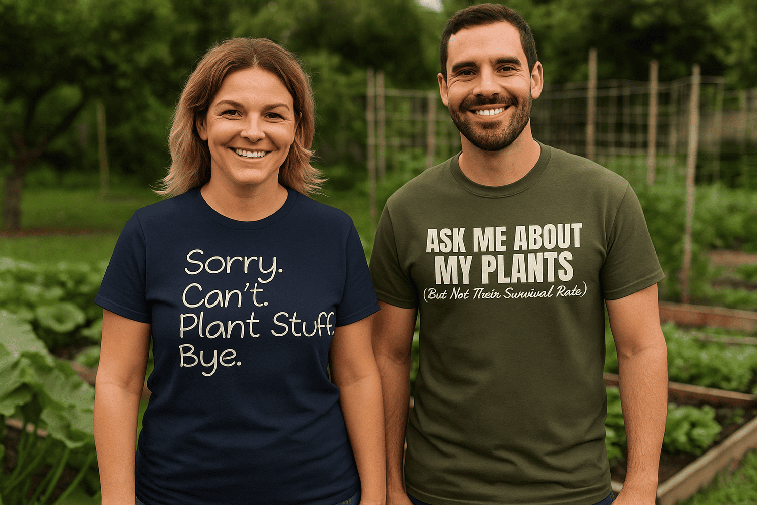 Two people wearing t-shirts with humorous plant-related sayings in a garden setting.