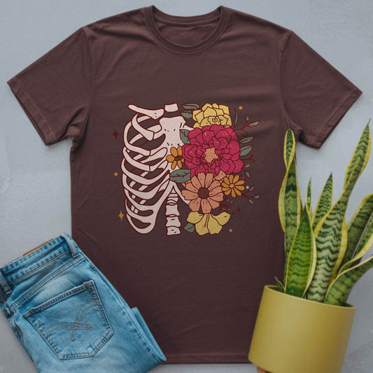 Floral Ribcage Skeleton Shirt Dark Chocolate / S