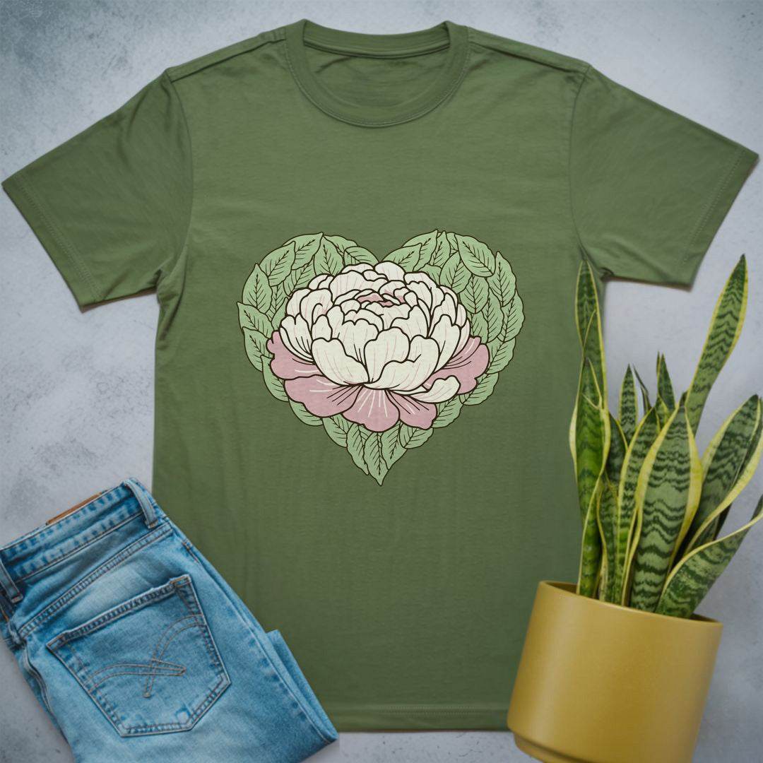 Peony with Leaves Shirt Military Green / S